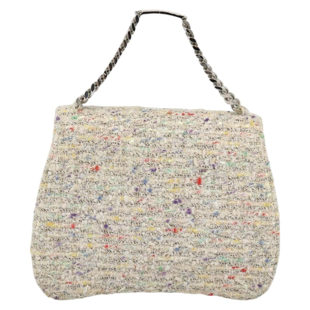 Chanel Vintage Cc Chain Top Handle Bag Quilted Tweed White Tweed Handbag (Authentic  )