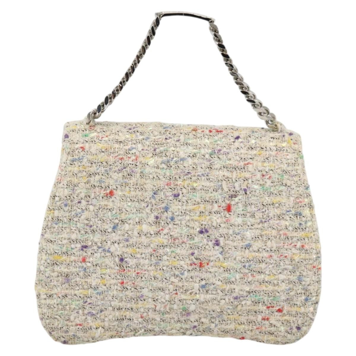 Chanel Vintage Cc Chain Top Handle Bag Quilted Tweed White Tweed Handbag (Authentic  )