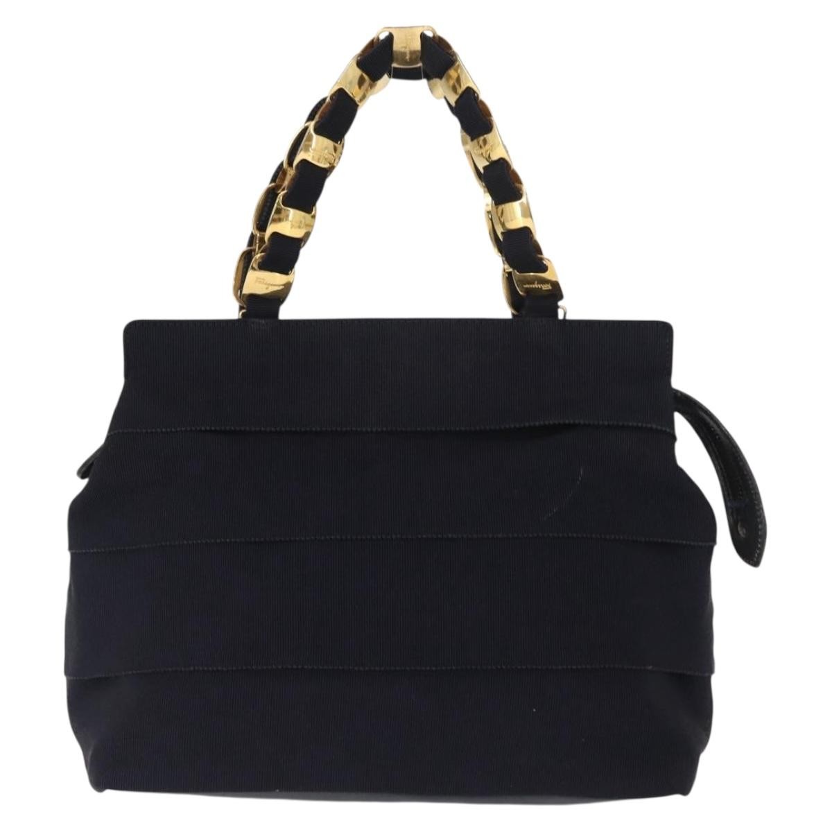 Salvatore Ferragamo Vala Handbag Canvas Navy Canvas Handbag (Authentic  )