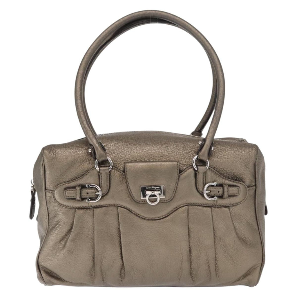 Salvatore Ferragamo Gancini Buckle Shoulder Bag Leather Gold Leather Handbag (Authentic  )