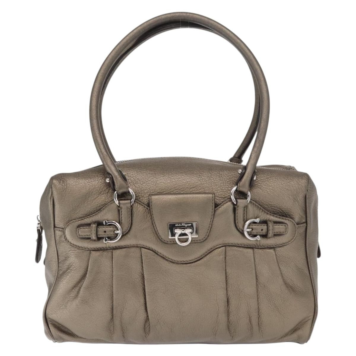 Salvatore Ferragamo Gancini Buckle Shoulder Bag Leather Gold Leather Handbag (Authentic  )