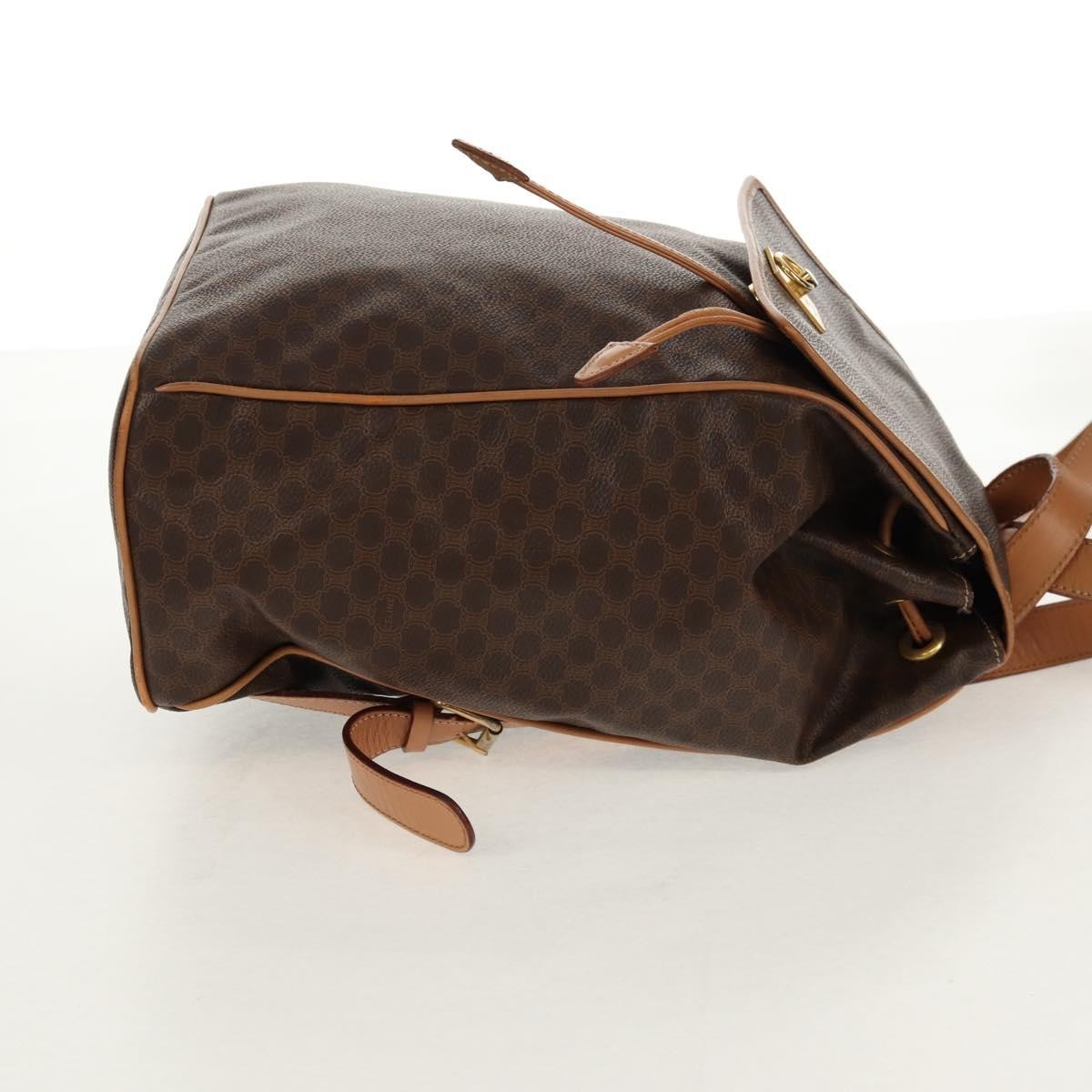 Celine Vintage Drawstring Flap Backpack Macadam Coated Canvas Brown Canvas Backpack Bag (Authentic  )