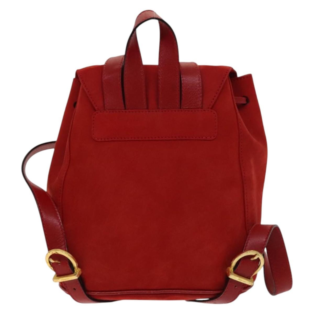 Salvatore Ferragamo Gancini Flap Drawstring Backpack Suede Red Suede Backpack Bag (Authentic  )