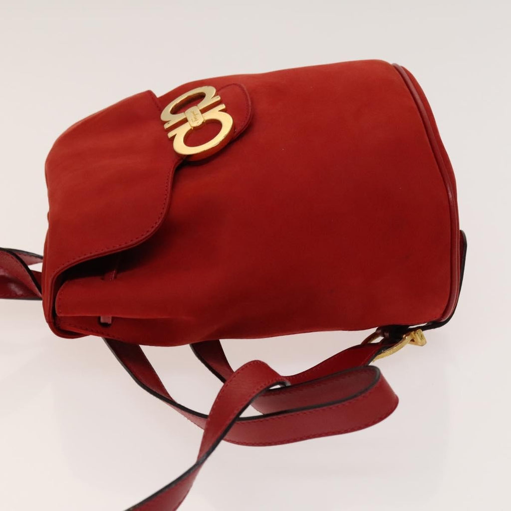 Salvatore Ferragamo Gancini Flap Drawstring Backpack Suede Red Suede Backpack Bag (Authentic  )