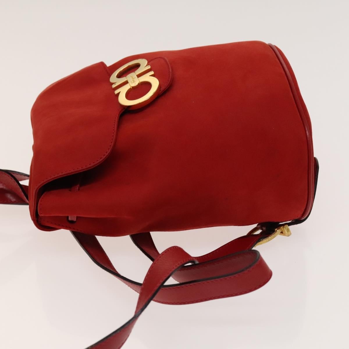Salvatore Ferragamo Gancini Flap Drawstring Backpack Suede Red Suede Backpack Bag (Authentic  )