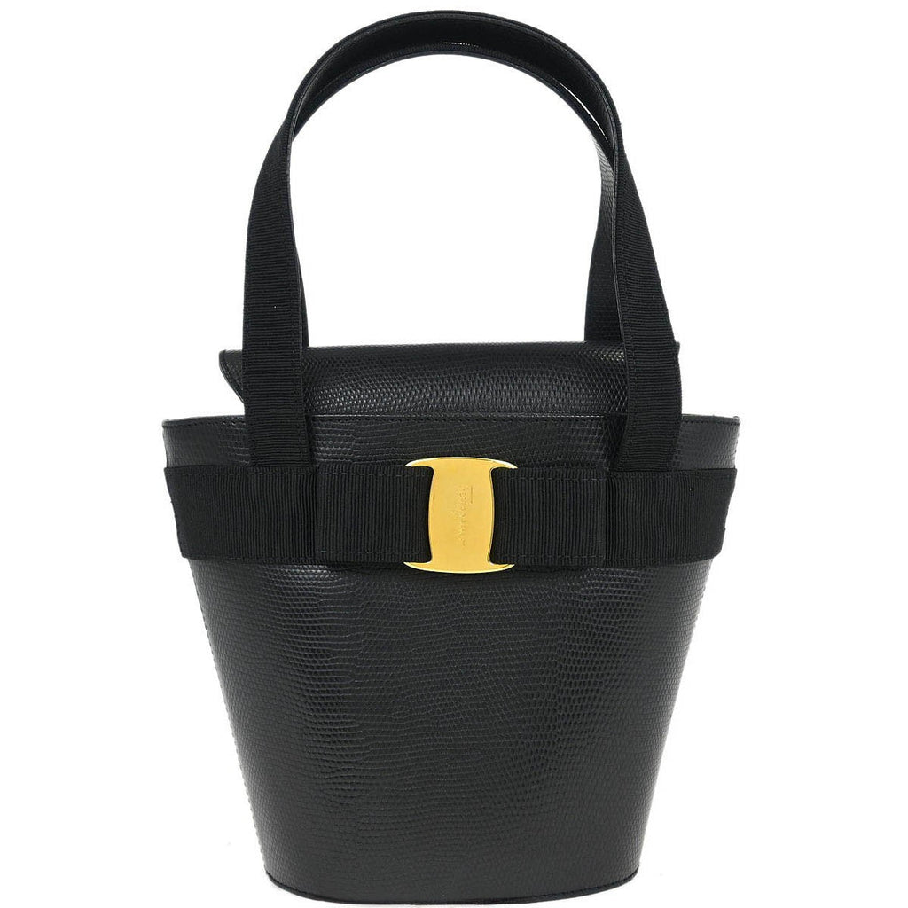Salvatore Ferragamo Vara Bow Top Handle Bucket Bag Leather Black Leather Handbag (Authentic  )