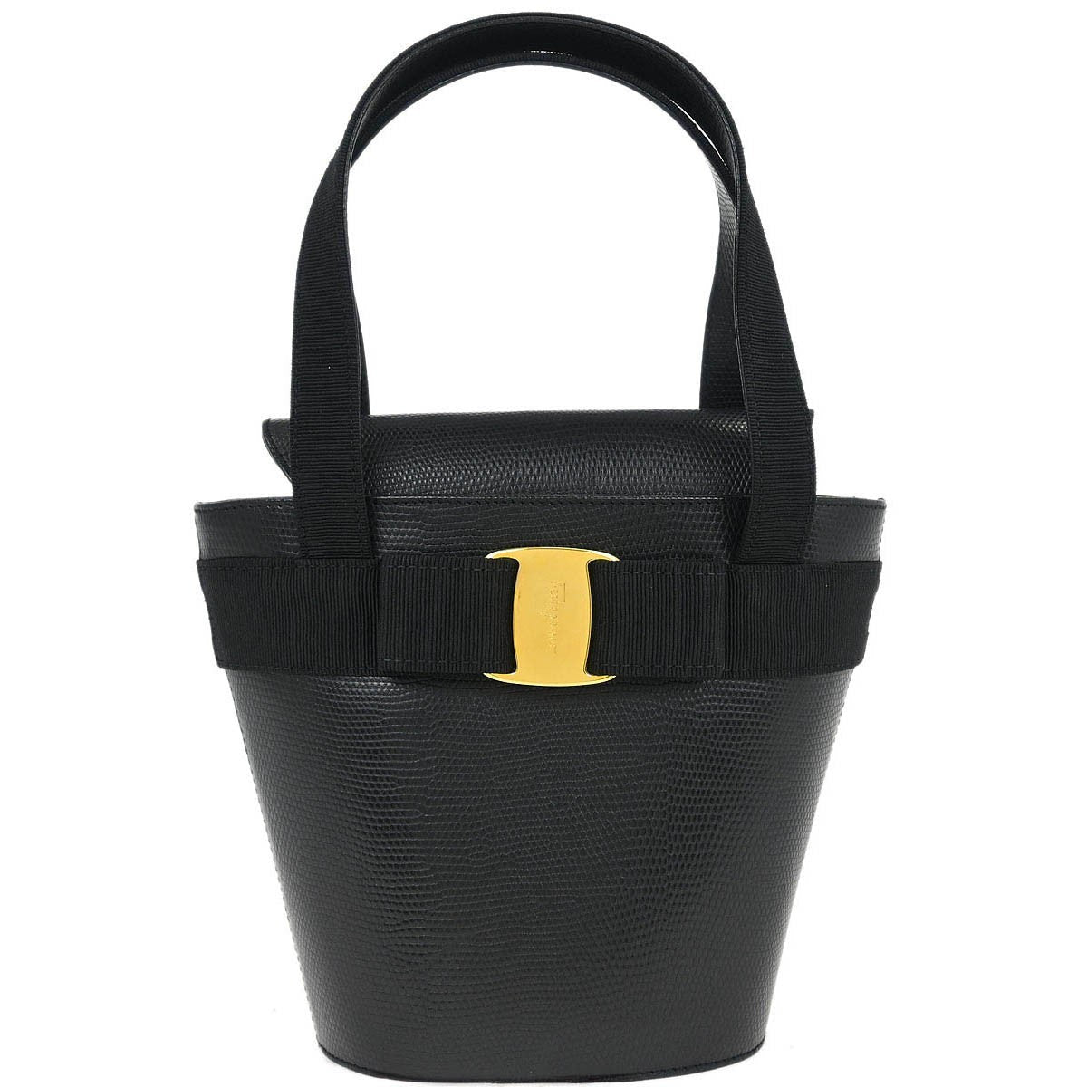 Salvatore Ferragamo Vara Bow Top Handle Bucket Bag Leather Black Leather Handbag (Authentic  )