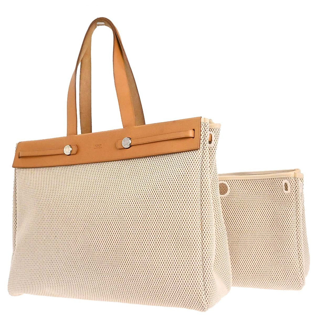 Hermes Herbag Cabas Toile And Leather Beige Canvas Handbag (Authentic  )
