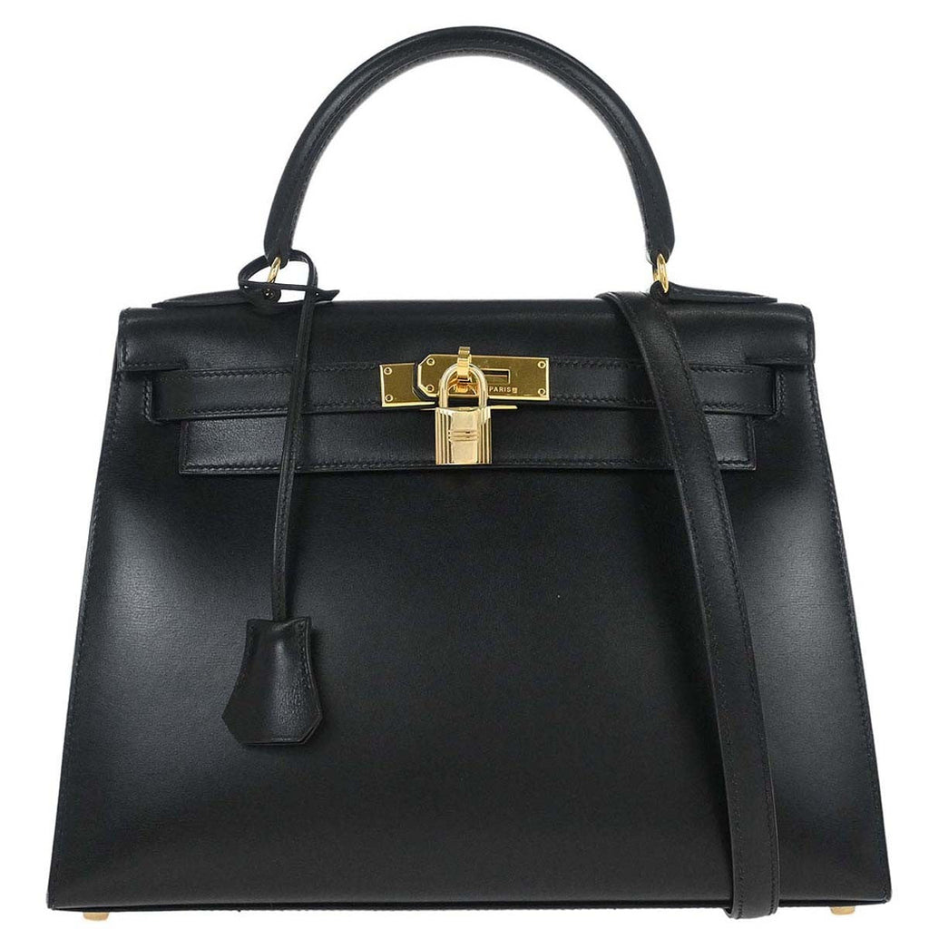 Hermes Kelly Handbag Black Box Calf With Gold Hardware Black Leather Handbag ( )
