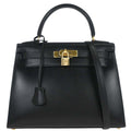 Hermes Kelly Handbag Black Box Calf With Gold Hardware Black Leather Handbag ( )