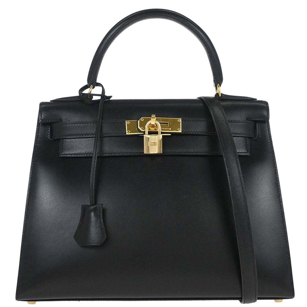 Hermes Kelly Handbag Black Box Calf With Gold Hardware Black Leather Handbag ( )