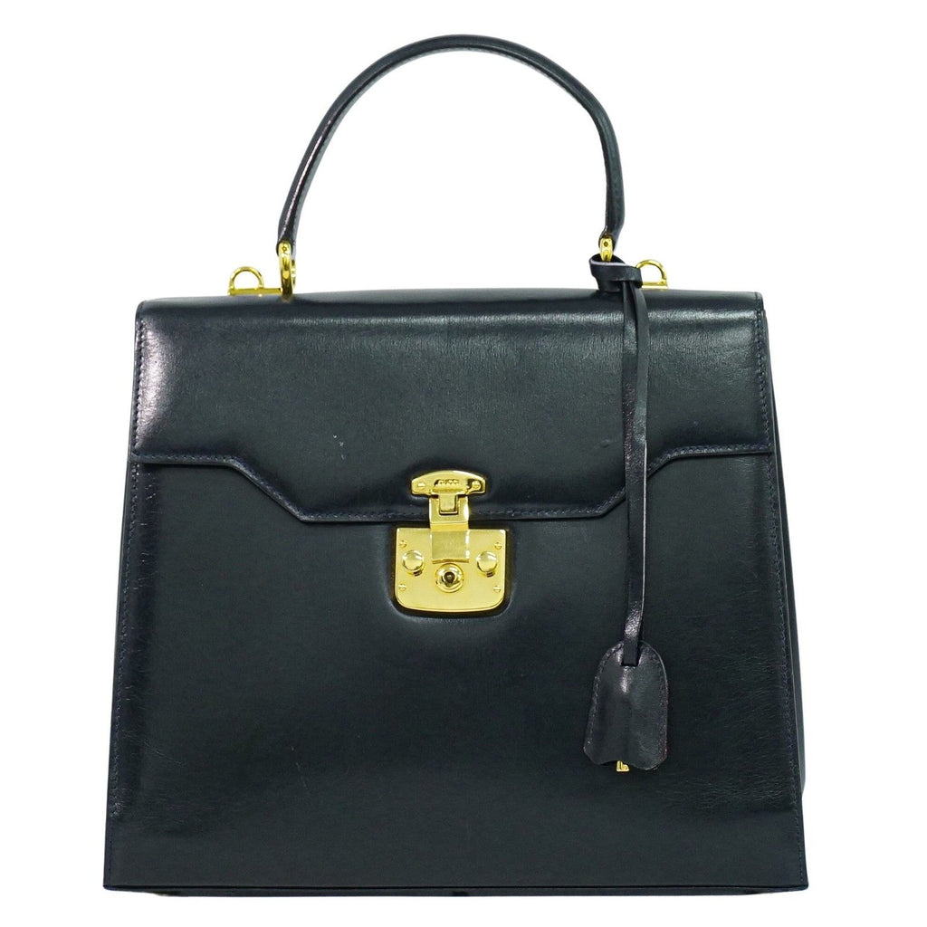 Gucci Vintage Lady Lock Top Handle Bag Leather Navy Leather Handbag (Authentic  )