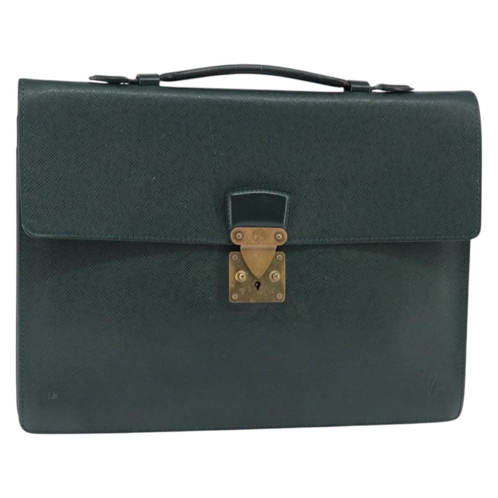 Louis Vuitton Serviette Kourad Briefcase Taiga Leather Green Leather Briefcase Bag (Authentic  )