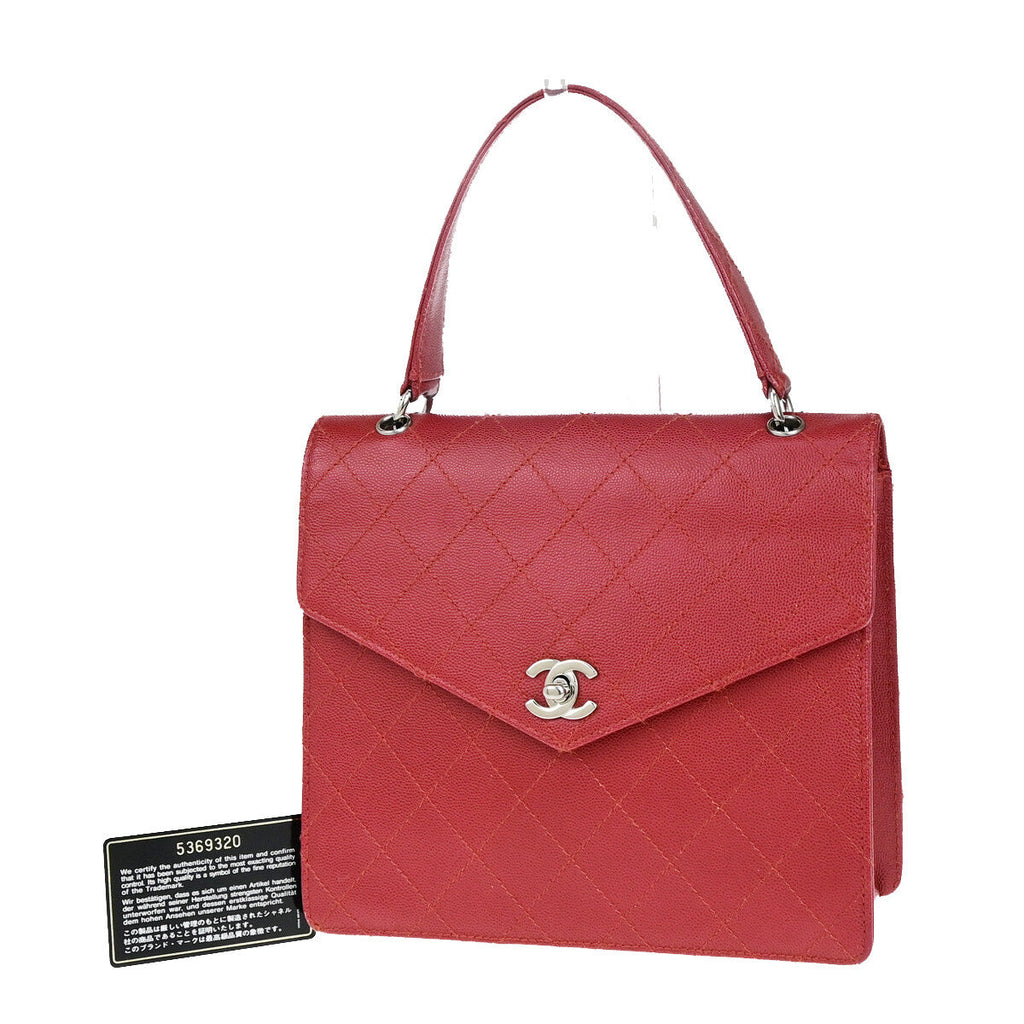 Chanel Vintage Cc Flap Top Handle Calfskin Leather Red Calfskin Bag ( )