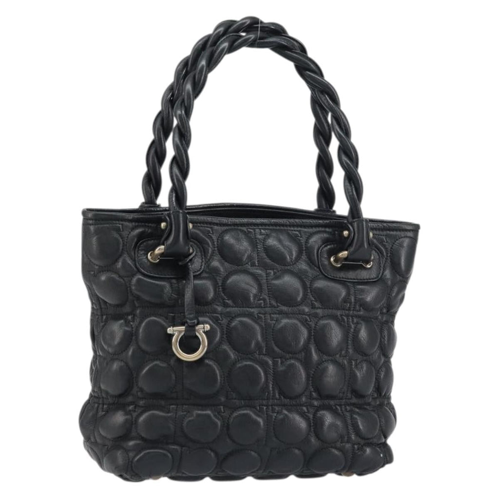 Salvatore Ferragamo Gancini Handbag Leather Black Leather Handbag (Authentic  )