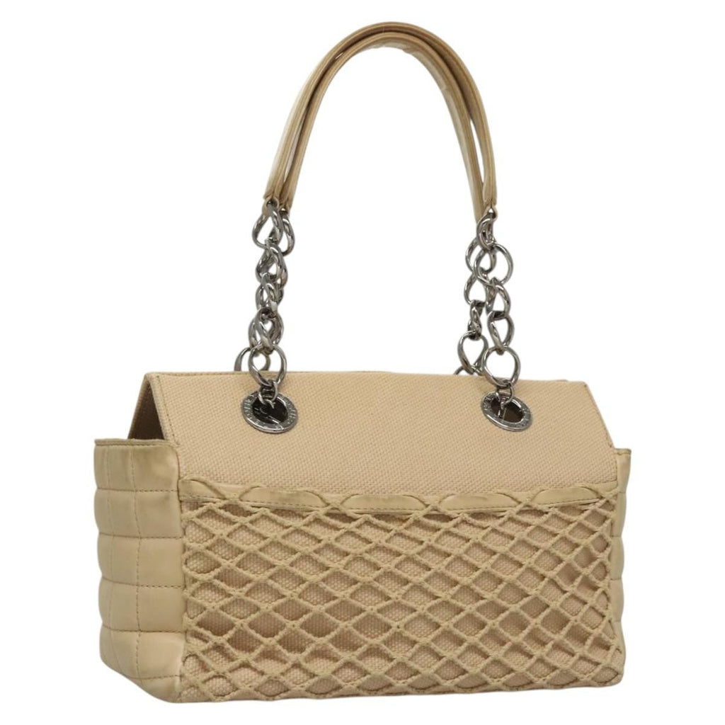 Chanel Vintage Chocolate Bar Tote Quilted Canvas Beige Canvas Handbag (Authentic  )