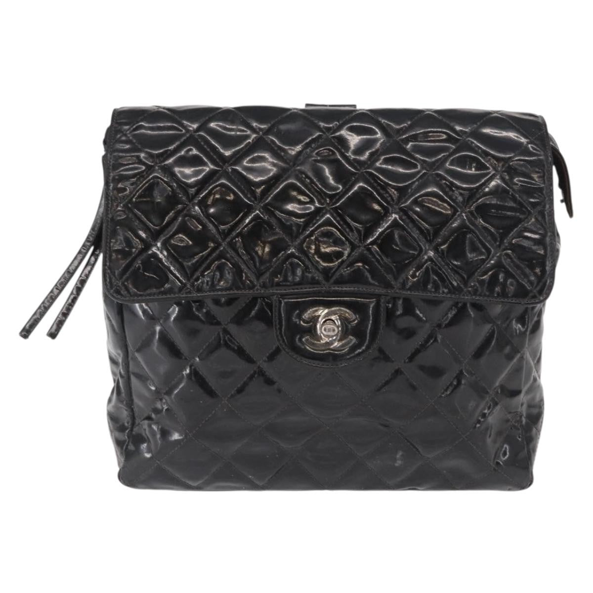 Chanel Vintage Square Flap Backpack Enamel Black Patent_Leather Backpack Bag (Authentic  )