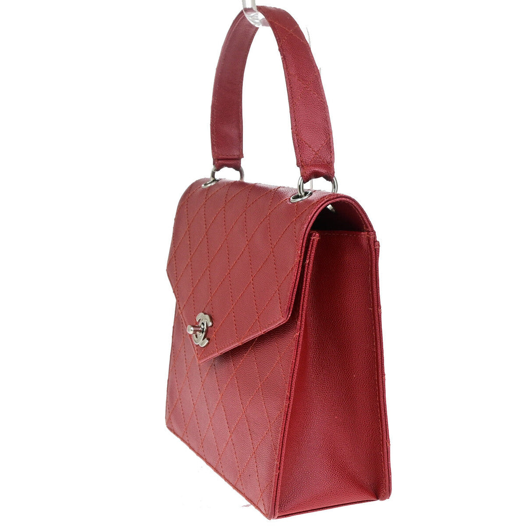 Chanel Vintage Cc Flap Top Handle Calfskin Leather Red Calfskin Bag ( )