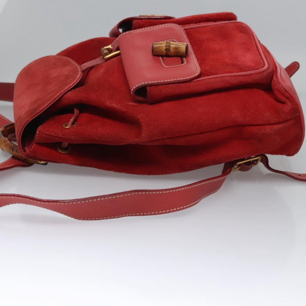 Gucci Vintage Bamboo Backpack Suede And Leather Red Suede Backpack Bag (Authentic  )