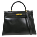 Hermes Kelly Handbag Black Box Calf With Gold Hardware Black Leather Handbag ( )
