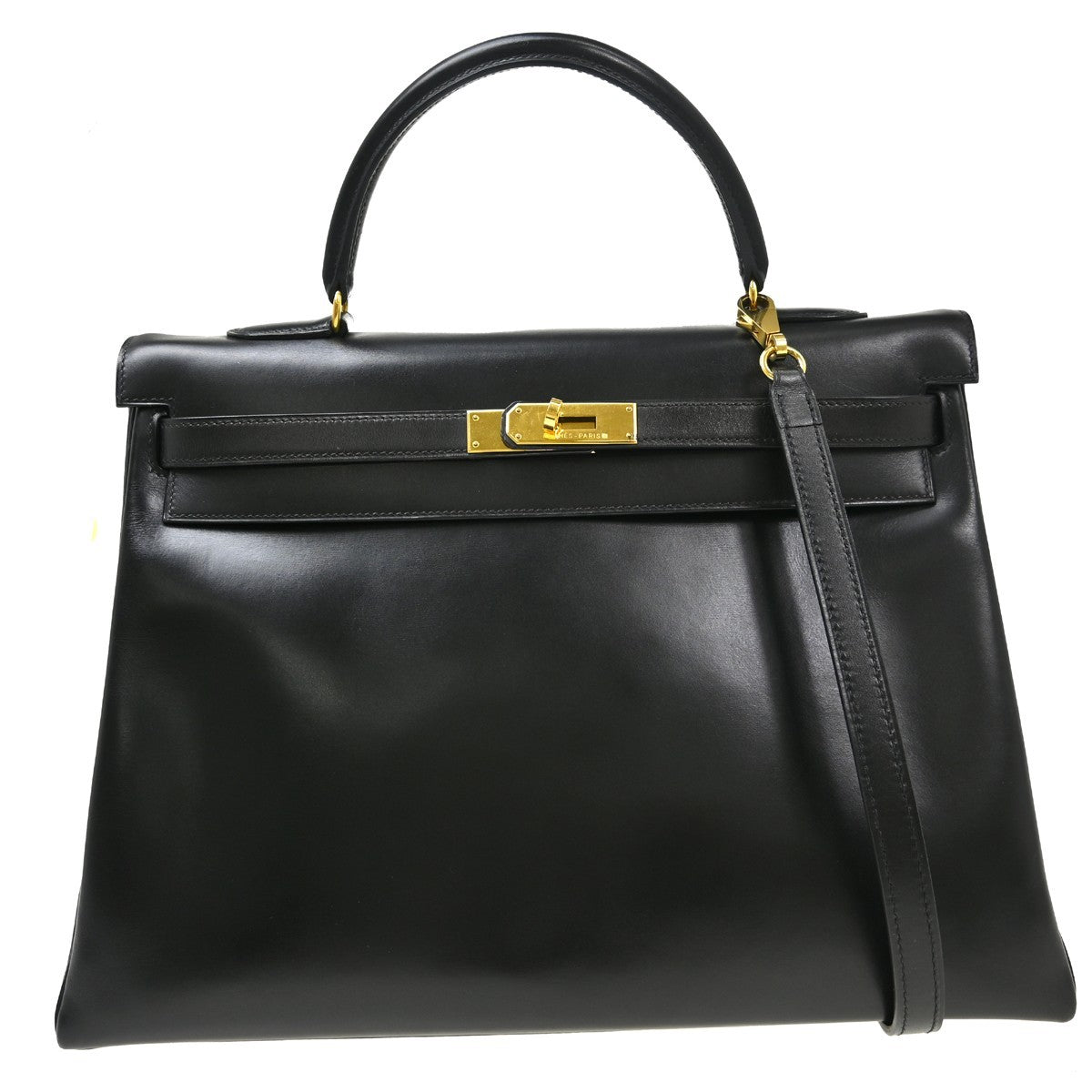 Hermes Kelly Handbag Black Box Calf With Gold Hardware Black Leather Handbag ( )