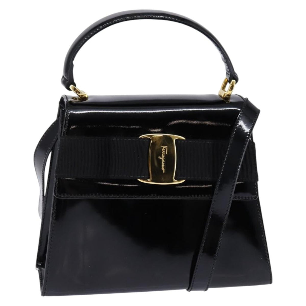 Salvatore Ferragamo Vintage Vara Bow Top Handle Bag Patent Leather Black Patent_Leather Handbag (Authentic  )