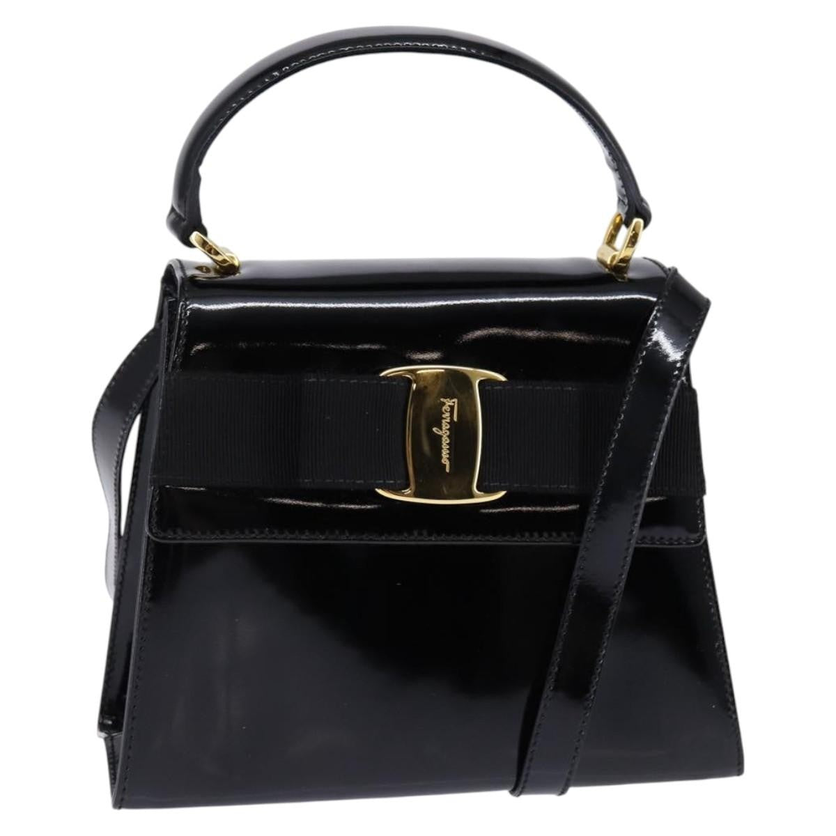 Salvatore Ferragamo Vintage Vara Bow Top Handle Bag Patent Leather Black Patent_Leather Handbag (Authentic  )