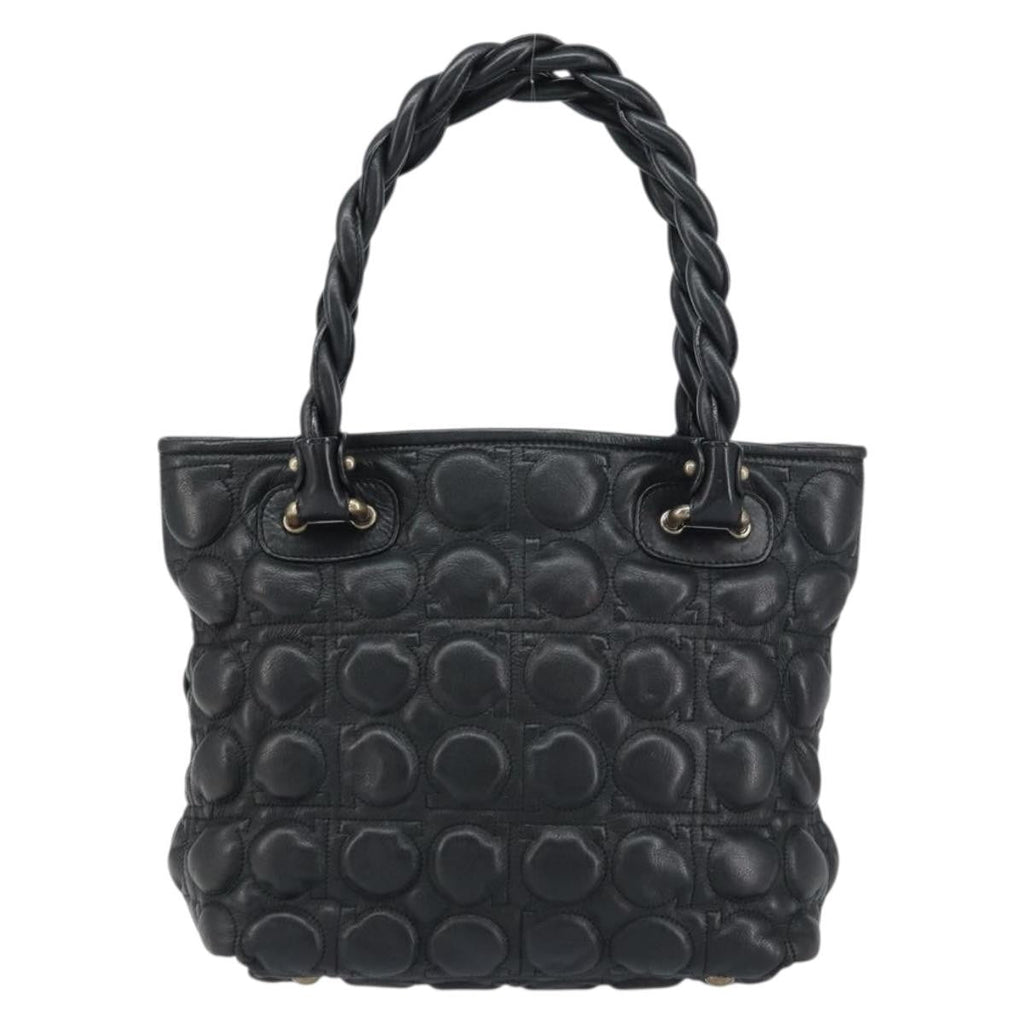 Salvatore Ferragamo Gancini Handbag Leather Black Leather Handbag (Authentic  )