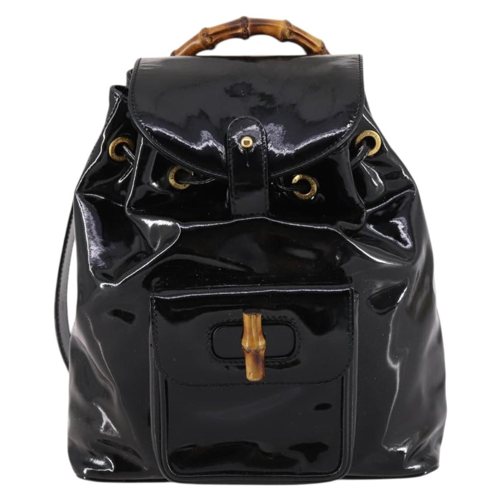 Gucci Vintage Bamboo Backpack Patent Black Patent_Leather Backpack Bag (Authentic  )