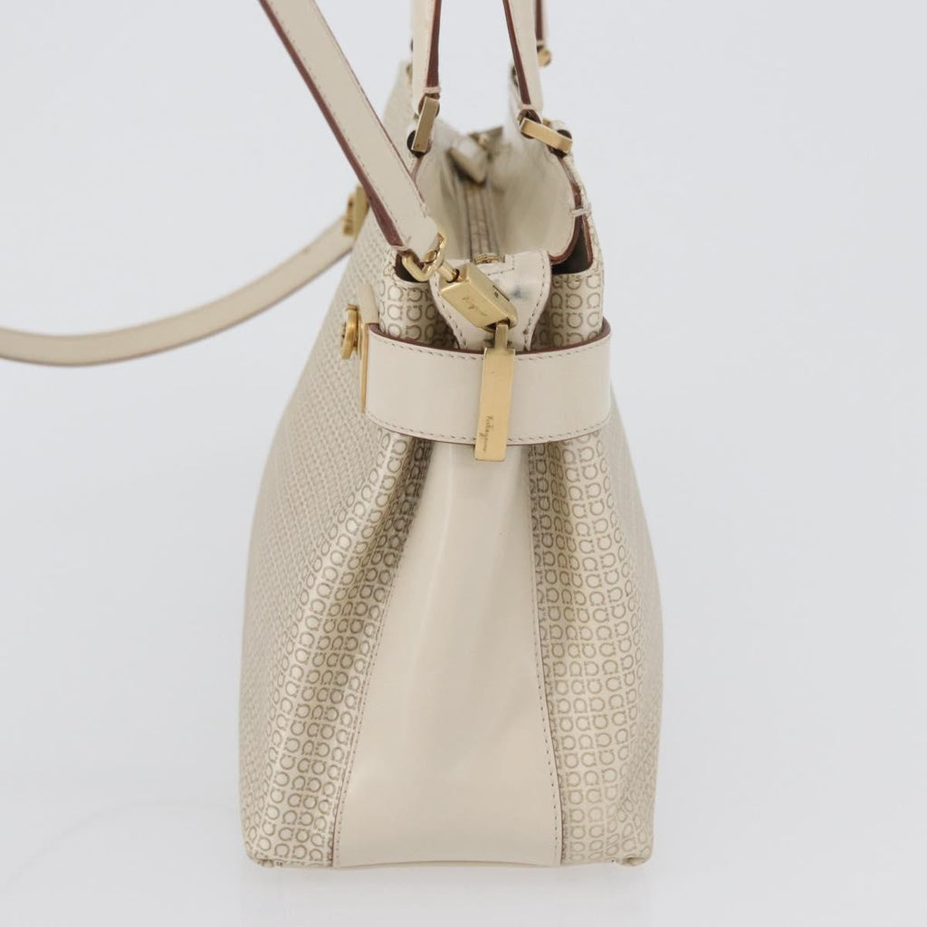 Salvatore Ferragamo Double Gancini Side Buckle Tote Leather Beige Leather Handbag (Authentic  )