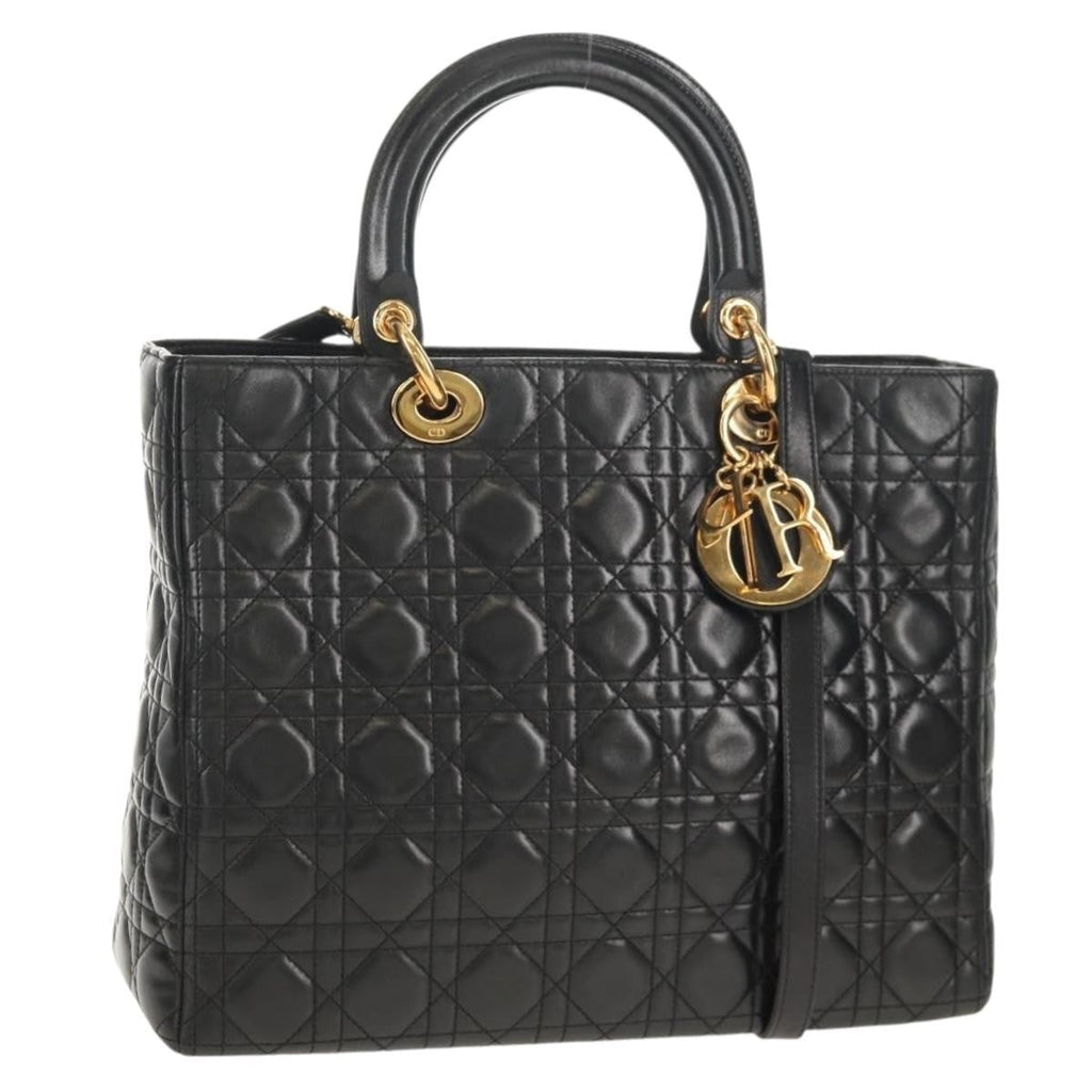 Christian Dior Lady Dior Bag Leather Black Leather Handbag ( )