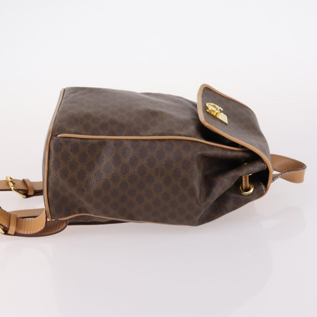 Celine Vintage Drawstring Flap Backpack Macadam Coated Canvas Brown Canvas Backpack Bag (Authentic  )