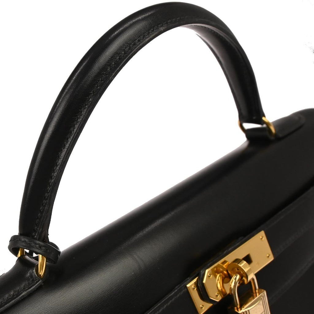 Hermes Kelly Handbag Black Box Calf With Gold Hardware Black Calfskin Handbag (Authentic  )