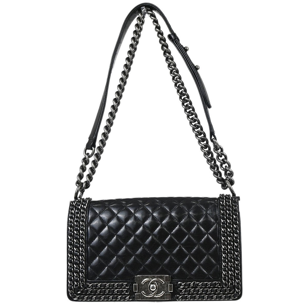 Chanel Boy Flap Bag Quilted Glazed Calfskin Black Leather Handbag ( )