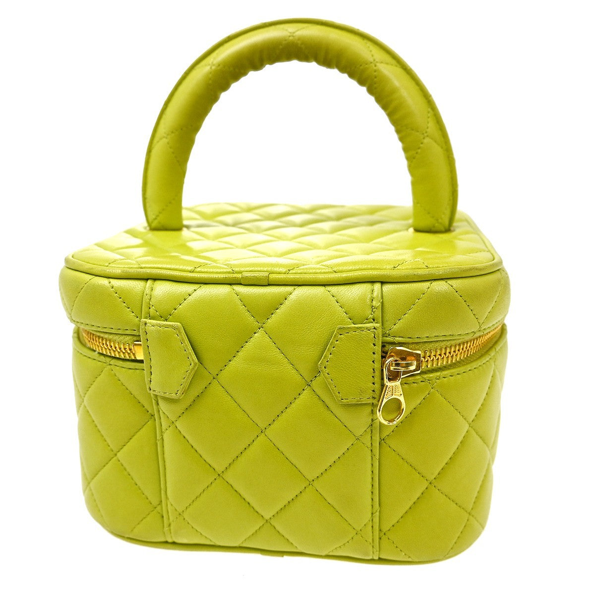 Chanel Vintage Cosmetic Case Quilted Lambskin Green Leather Handbag ( )