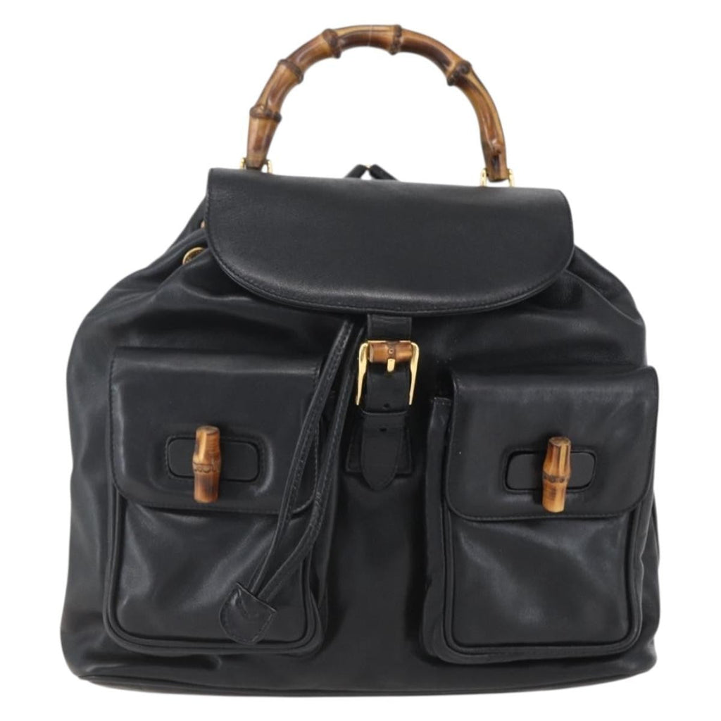 Gucci Vintage Bamboo Backpack Leather Black Leather Backpack Bag (Authentic  )