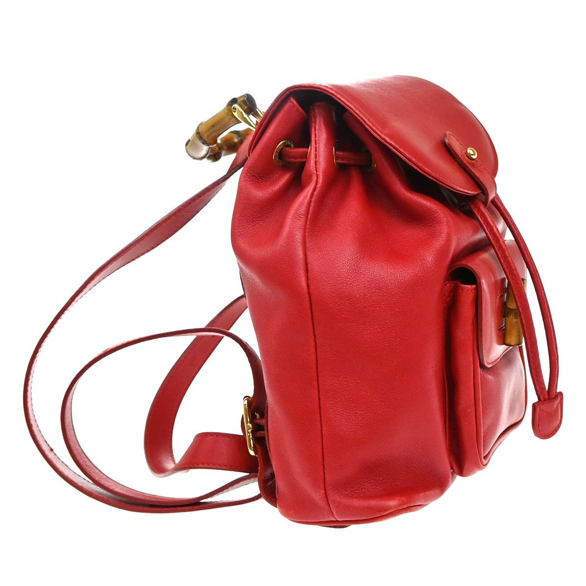 Gucci Vintage Bamboo Backpack Leather Red Leather Backpack Bag (Authentic  )