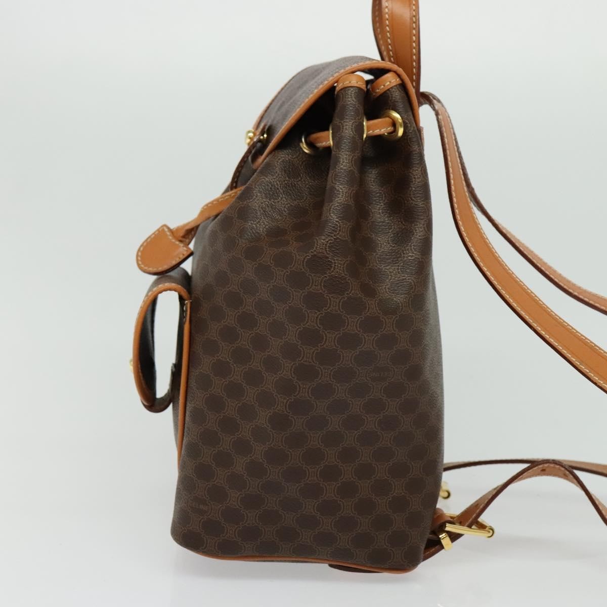 Celine Vintage Macadam Backpack Canvas And Leather Brown Pvc Backpack Bag (Authentic  )