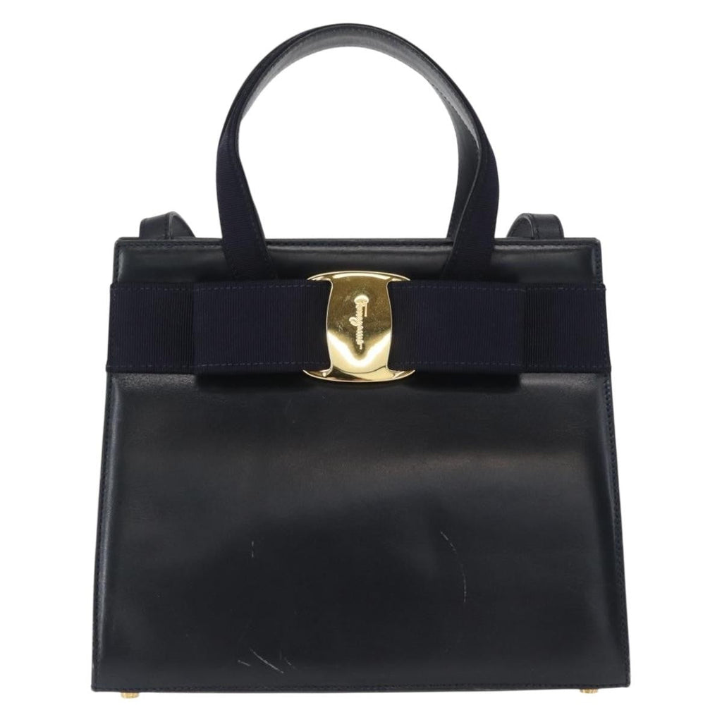 Salvatore Ferragamo Convertible Vara Bow Tote Leather Navy Leather Handbag (Authentic  )
