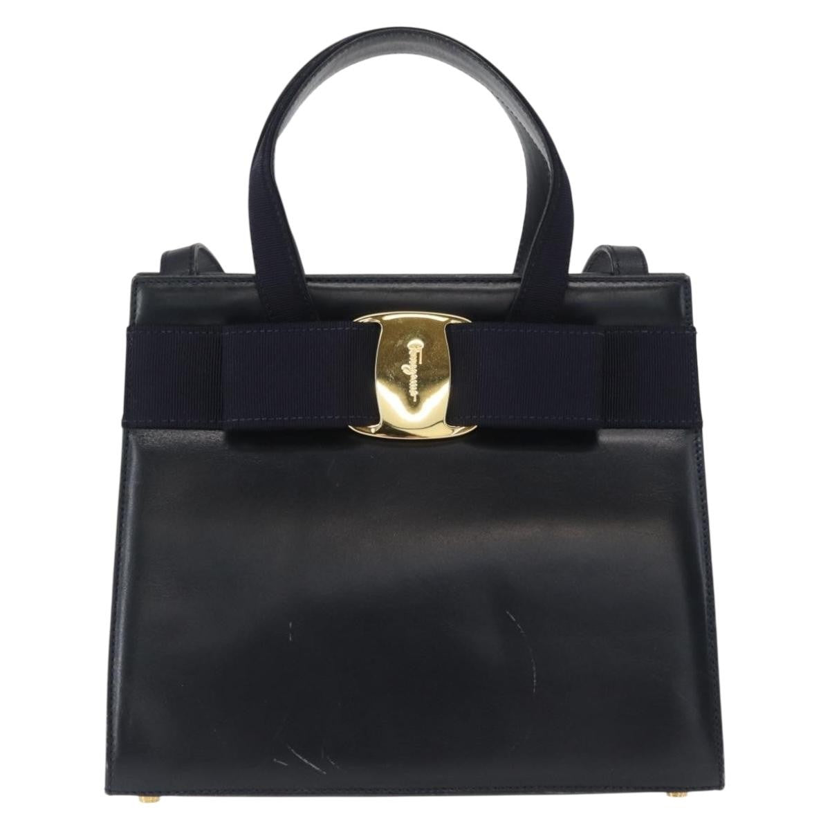 Salvatore Ferragamo Convertible Vara Bow Tote Leather Navy Leather Handbag (Authentic  )
