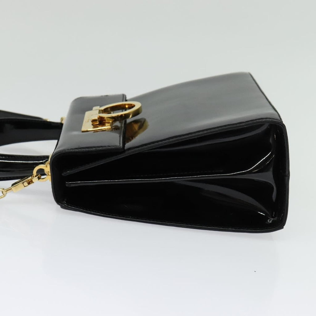 Salvatore Ferragamo Gancini Convertible Top Handle Bag Patent Leather Black Patent_Leather Handbag (Authentic  )