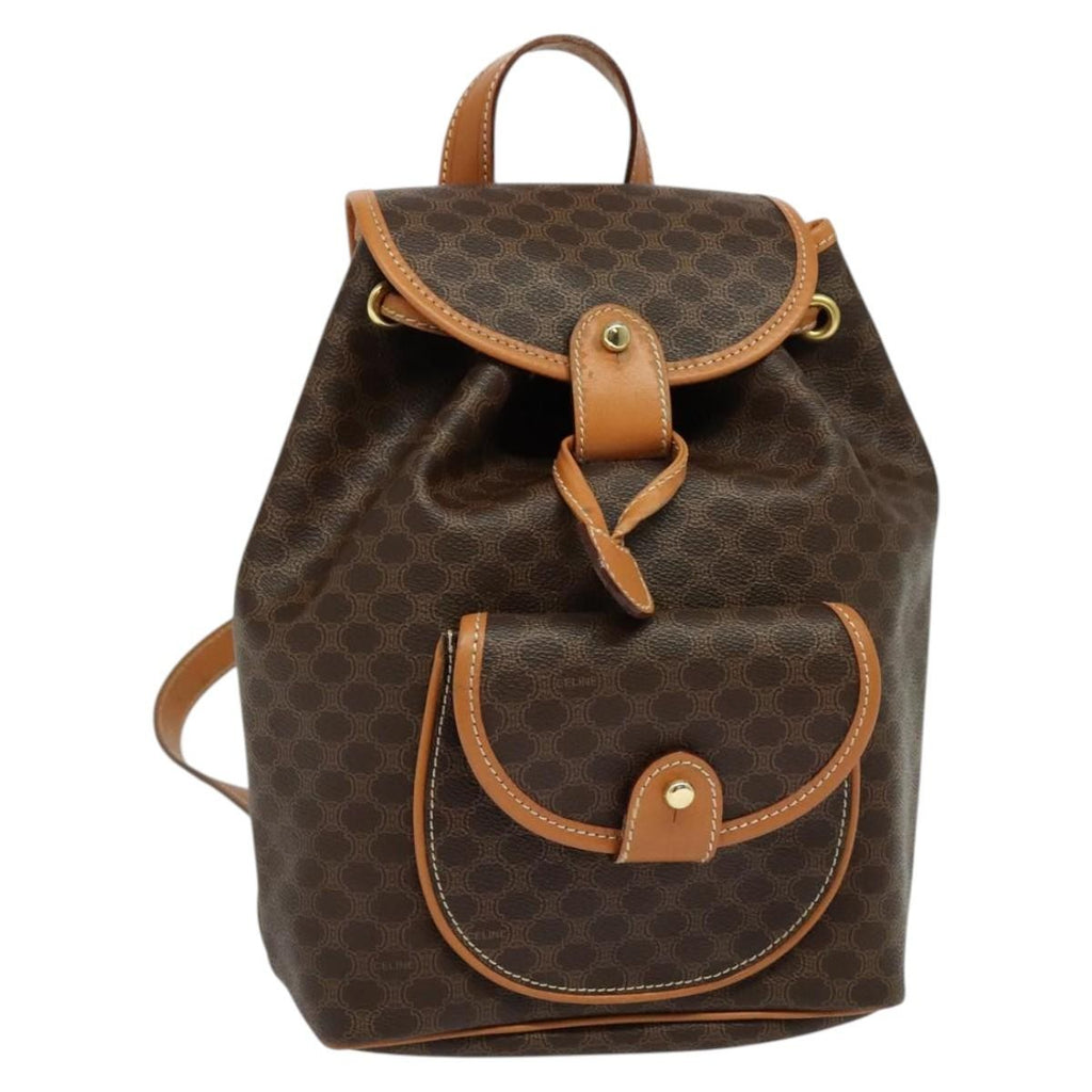 Celine Vintage Macadam Backpack Canvas And Leather Brown Pvc Backpack Bag (Authentic  )