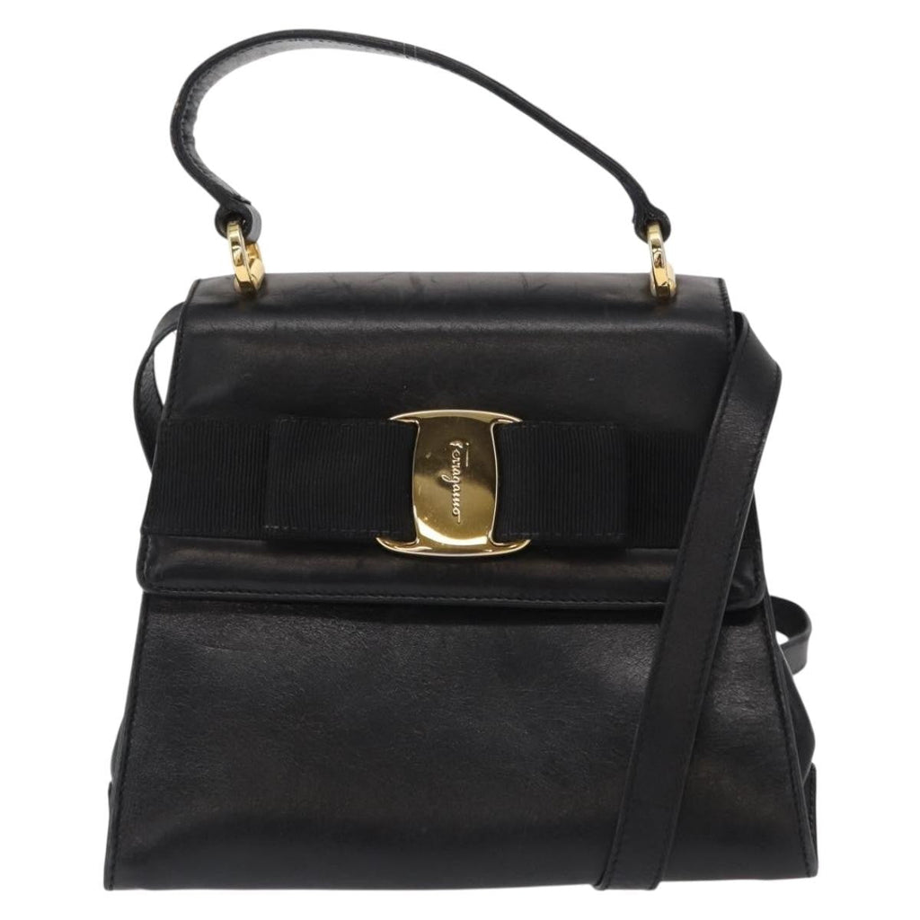 Salvatore Ferragamo Vintage Vara Bow Top Handle Bag Leather Black Leather Handbag (Authentic  )