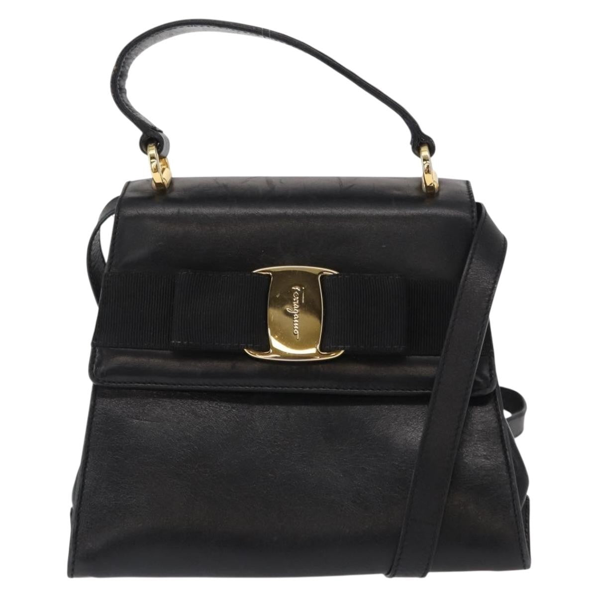 Salvatore Ferragamo Vintage Vara Bow Top Handle Bag Leather Black Leather Handbag (Authentic  )