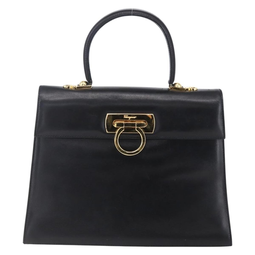 Salvatore Ferragamo Gancini Handbag Leather Black Leather Handbag (Authentic  )