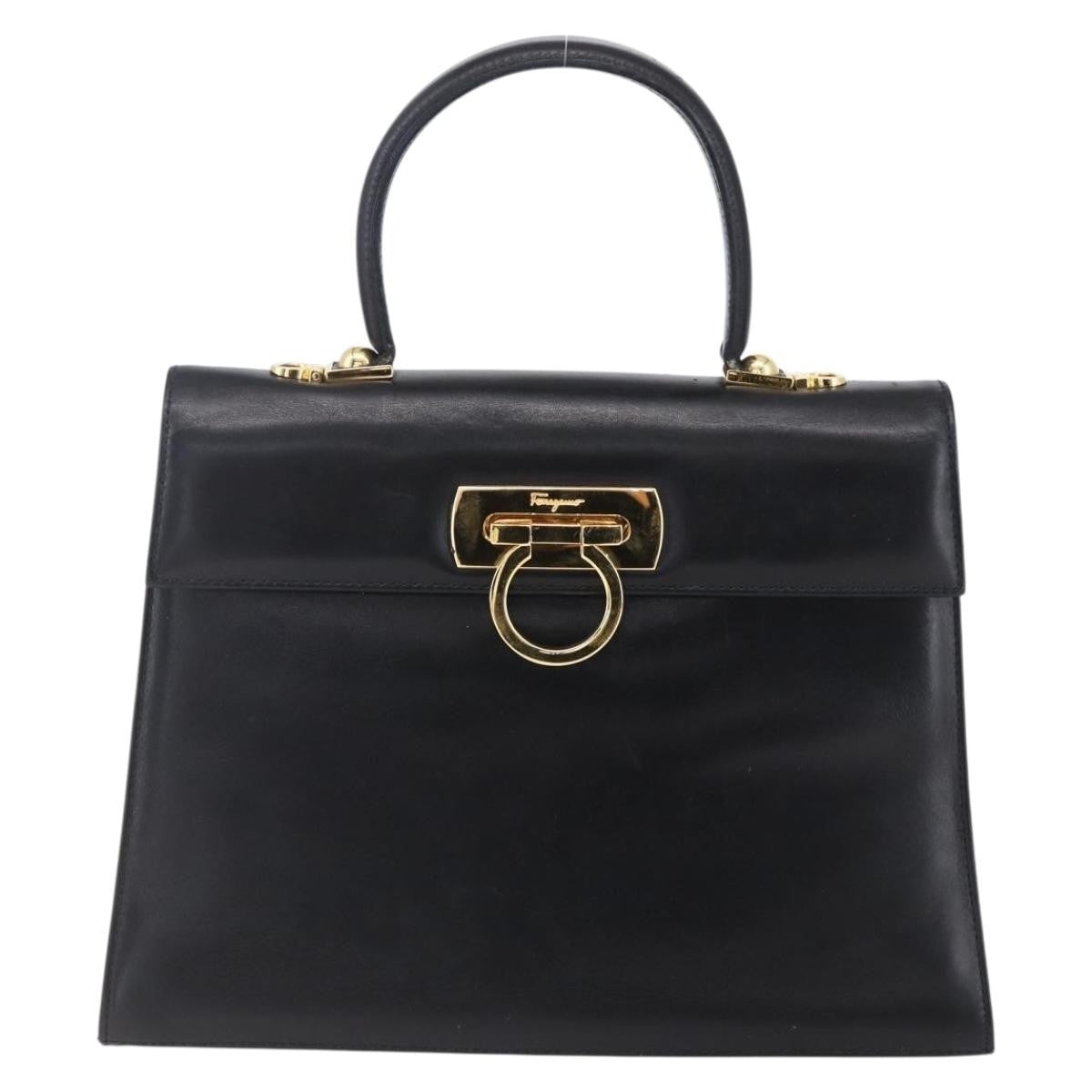 Salvatore Ferragamo Gancini Handbag Leather Black Leather Handbag (Authentic  )
