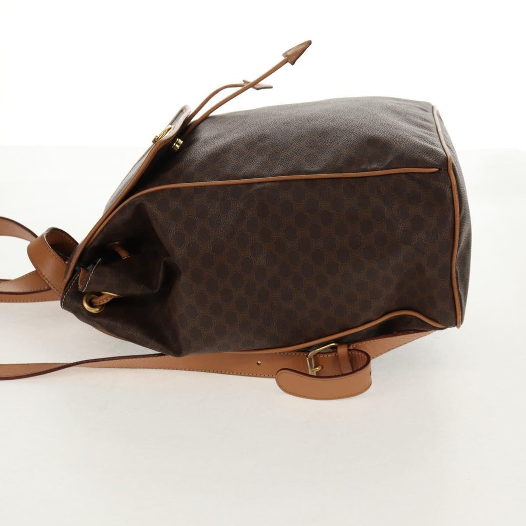 Celine Vintage Drawstring Flap Backpack Macadam Coated Canvas Brown Canvas Backpack Bag (Authentic  )