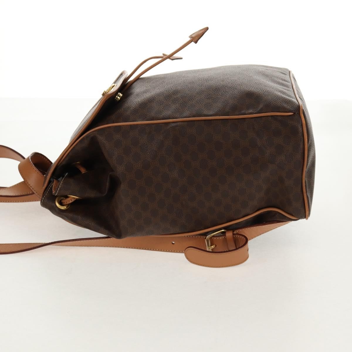 Celine Vintage Drawstring Flap Backpack Macadam Coated Canvas Brown Canvas Backpack Bag (Authentic  )