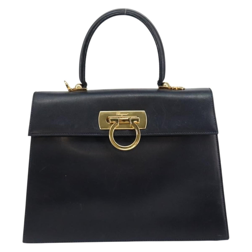 Salvatore Ferragamo Gancini Convertible Top Handle Bag Leather Navy Leather Handbag (Authentic  )