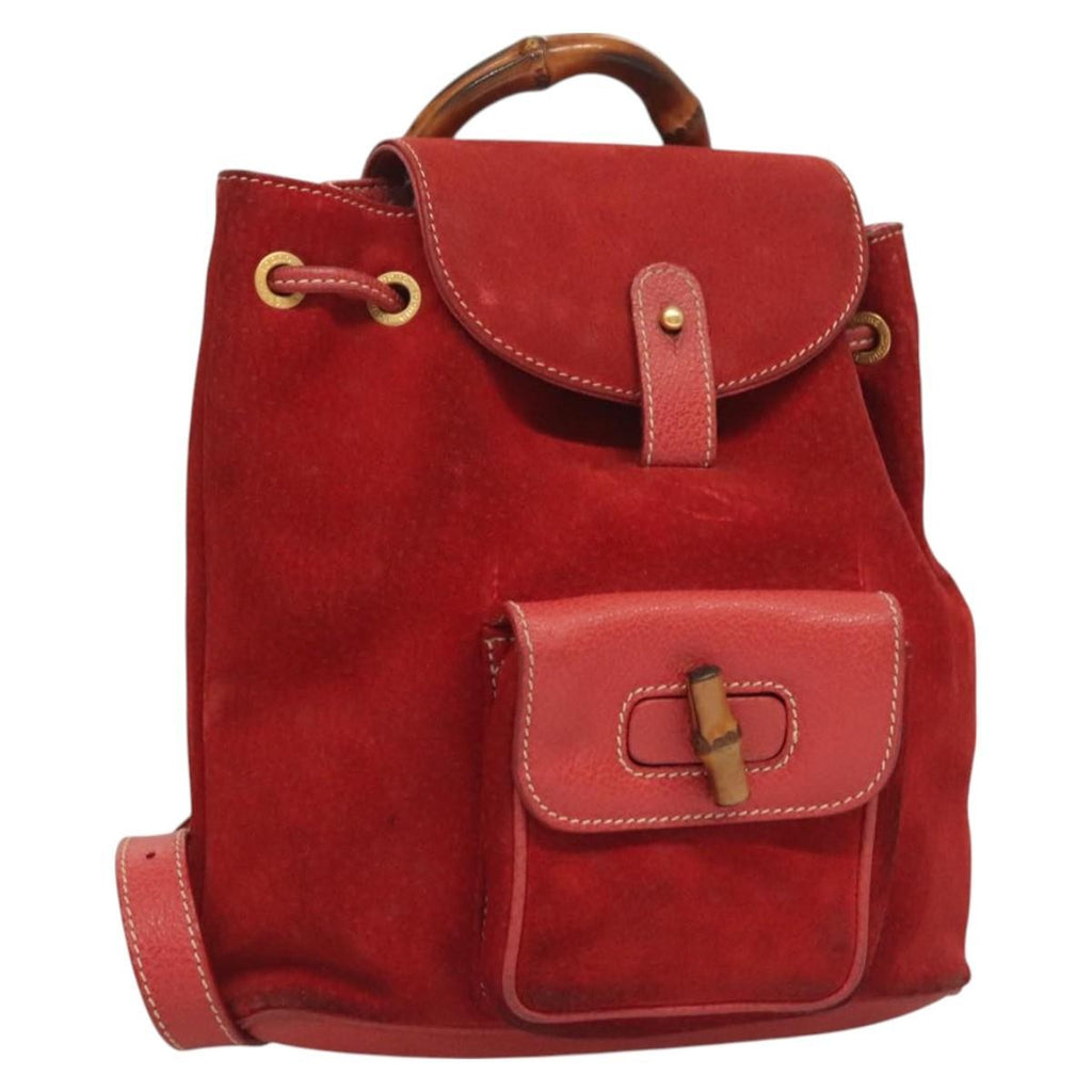 Gucci Vintage Bamboo Backpack Suede Red Suede Backpack Bag (Authentic  )